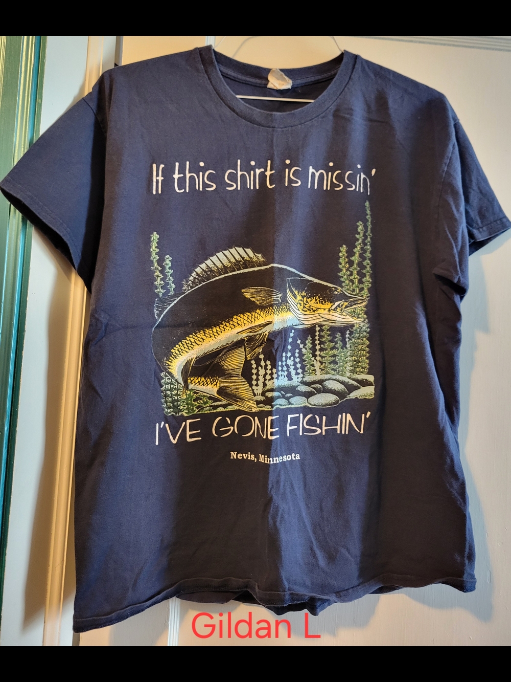 Gildan Navy Fishing Graphic Tee with Yellow & Green Fish Print
